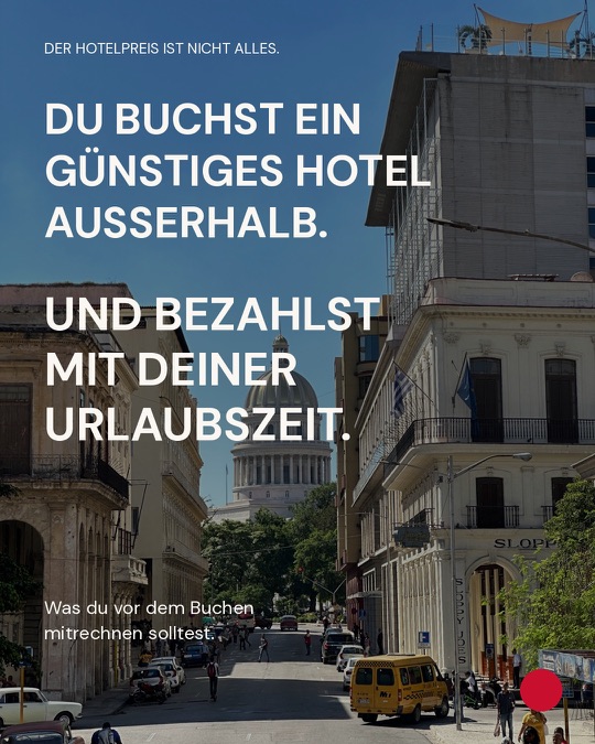Instagram-Beitrag: Du buchst ein günstiges Hotel außerhalb. Und bezahlst mit deiner Urlaubszeit. (öffnet Instagram in neuem Tab)